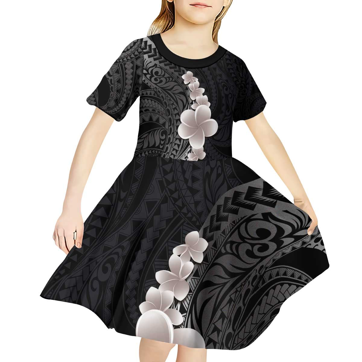 Hawaiian Tropical Plumeria Art Polynesian Tattoo Kid Short Sleeve Dress Grayscale Color LT03 - Polynesian Pride