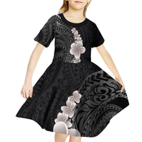 Hawaiian Tropical Plumeria Art Polynesian Tattoo Kid Short Sleeve Dress Grayscale Color LT03 - Polynesian Pride