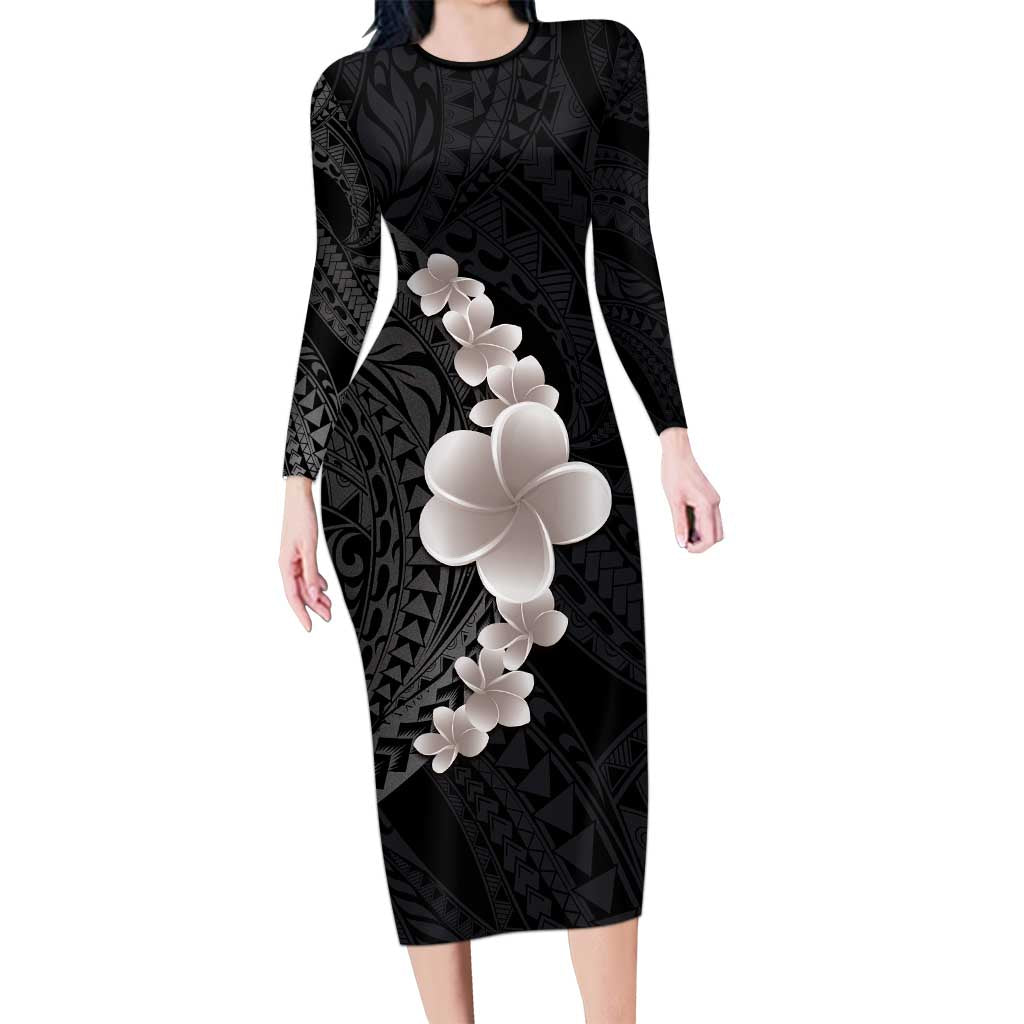 Hawaiian Tropical Plumeria Art Polynesian Tattoo Long Sleeve Bodycon Dress Grayscale Color LT03 Long Dress Black - Polynesian Pride
