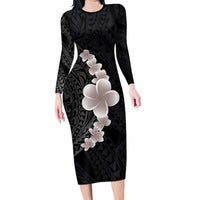 Hawaiian Tropical Plumeria Art Polynesian Tattoo Long Sleeve Bodycon Dress Grayscale Color LT03 Long Dress Black - Polynesian Pride