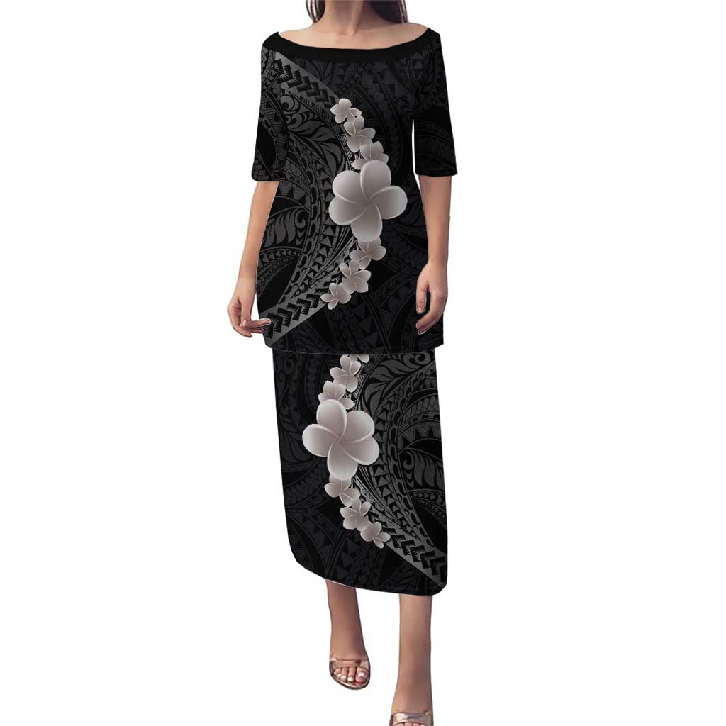 Hawaiian Tropical Plumeria Art Polynesian Tattoo Puletasi Grayscale Color LT03 Long Dress Black - Polynesian Pride