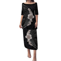 Hawaiian Tropical Plumeria Art Polynesian Tattoo Puletasi Grayscale Color LT03 Long Dress Black - Polynesian Pride
