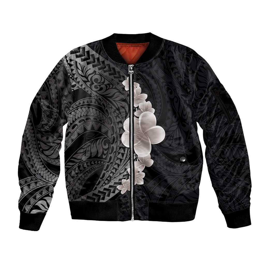 Hawaiian Tropical Plumeria Art Polynesian Tattoo Sleeve Zip Bomber Jacket Grayscale Color LT03 Unisex Black - Polynesian Pride