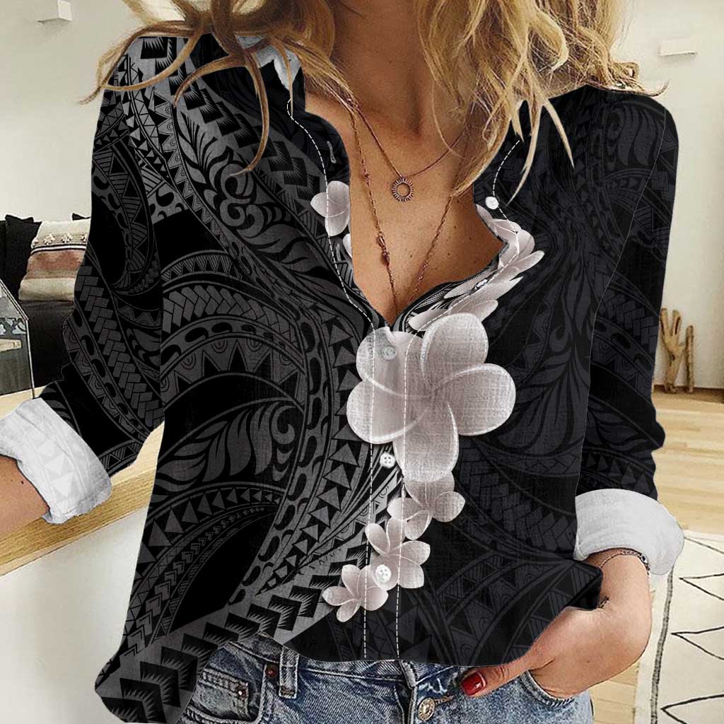 Hawaiian Tropical Plumeria Art Polynesian Tattoo Women Casual Shirt Grayscale Color LT03 Female Black - Polynesian Pride
