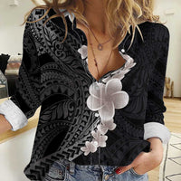 Hawaiian Tropical Plumeria Art Polynesian Tattoo Women Casual Shirt Grayscale Color LT03 Female Black - Polynesian Pride