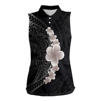 Hawaiian Tropical Plumeria Art Polynesian Tattoo Women Sleeveless Polo Shirt Grayscale Color LT03 Female Black - Polynesian Pride