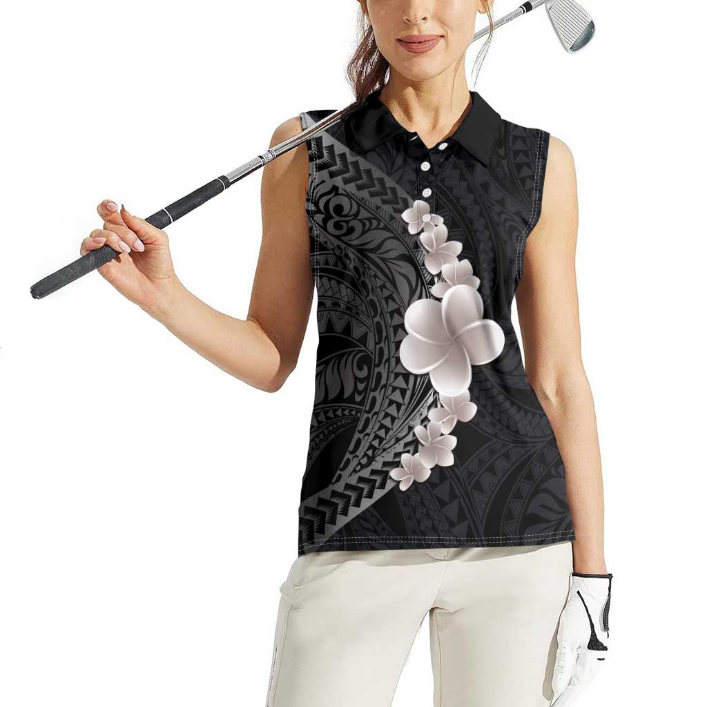 Hawaiian Tropical Plumeria Art Polynesian Tattoo Women Sleeveless Polo Shirt Grayscale Color LT03 - Polynesian Pride