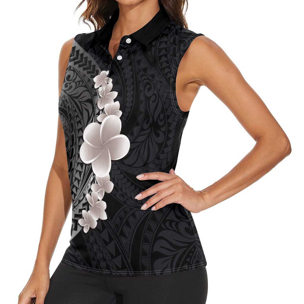 Hawaiian Tropical Plumeria Art Polynesian Tattoo Women Sleeveless Polo Shirt Grayscale Color LT03 - Polynesian Pride