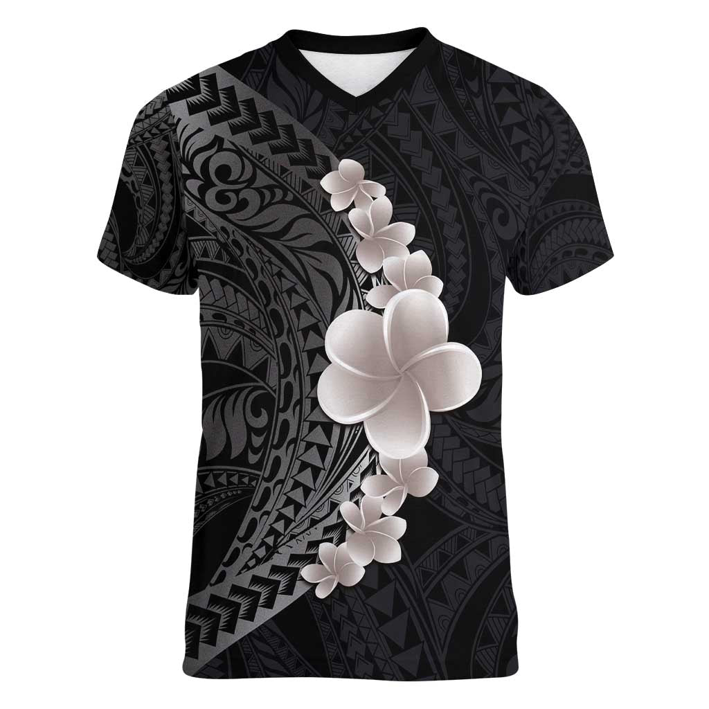 Hawaiian Tropical Plumeria Art Polynesian Tattoo Women V-Neck T-Shirt Grayscale Color LT03 Female Black - Polynesian Pride