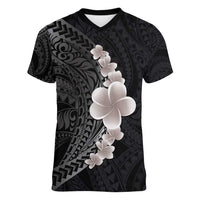Hawaiian Tropical Plumeria Art Polynesian Tattoo Women V-Neck T-Shirt Grayscale Color LT03 Female Black - Polynesian Pride