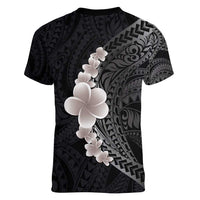 Hawaiian Tropical Plumeria Art Polynesian Tattoo Women V-Neck T-Shirt Grayscale Color LT03 - Polynesian Pride