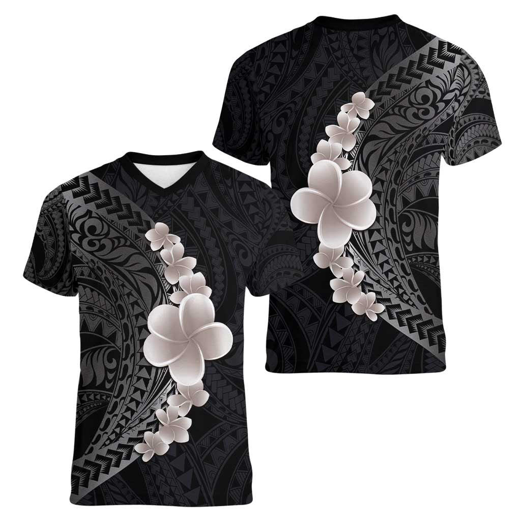 Hawaiian Tropical Plumeria Art Polynesian Tattoo Women V-Neck T-Shirt Grayscale Color LT03 - Polynesian Pride