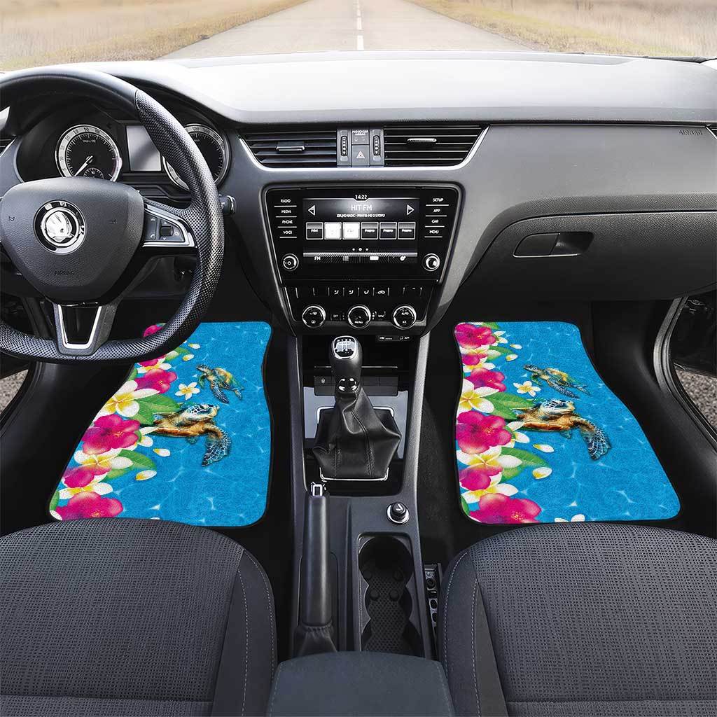 Hawaiian Tropical Flower and Honu Under Blue Water Car Mats LT03 Set 2pcs - Front Blue - Polynesian Pride