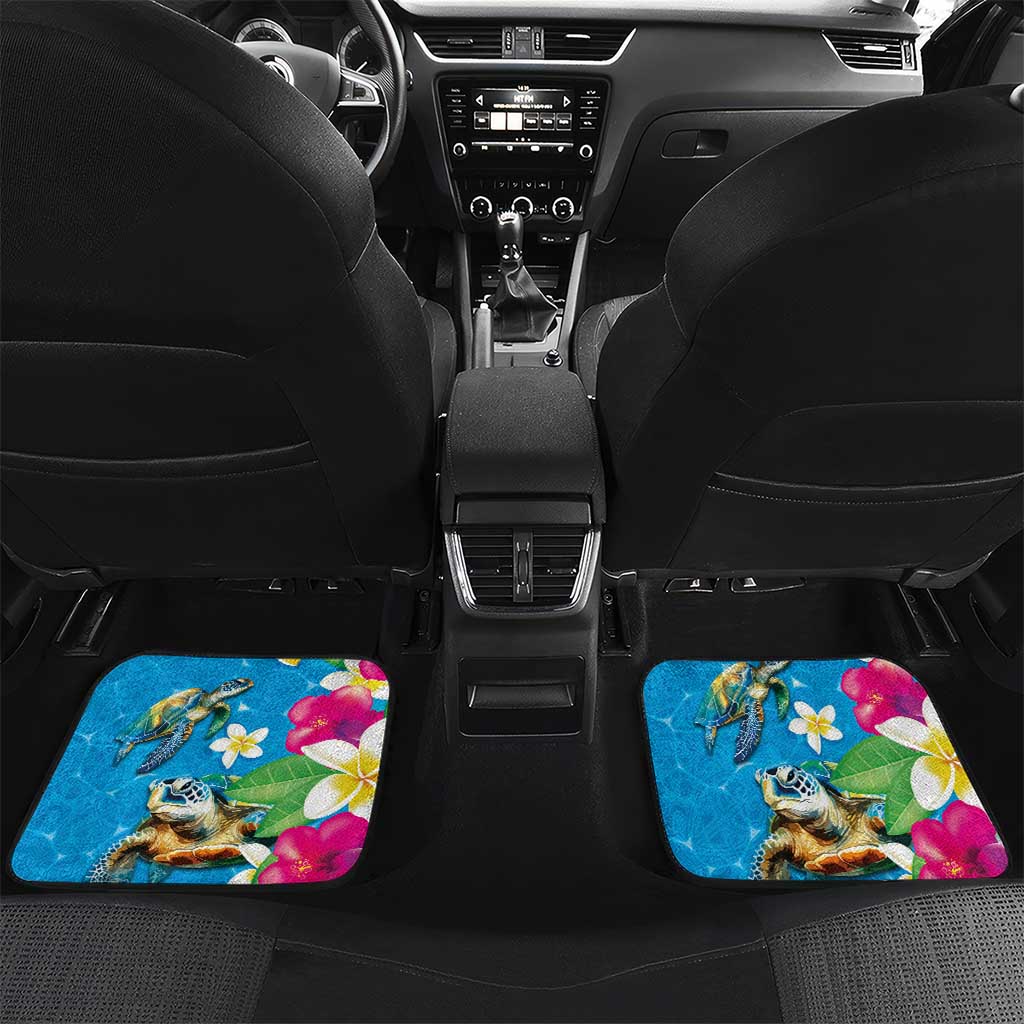 Hawaiian Tropical Flower and Honu Under Blue Water Car Mats LT03 Set 2pcs - Back Blue - Polynesian Pride