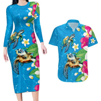 Hawaiian Tropical Flower and Honu Under Blue Water Couples Matching Long Sleeve Bodycon Dress and Hawaiian Shirt LT03 Blue - Polynesian Pride