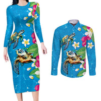 Hawaiian Tropical Flower and Honu Under Blue Water Couples Matching Long Sleeve Bodycon Dress and Long Sleeve Button Shirt LT03 Blue - Polynesian Pride