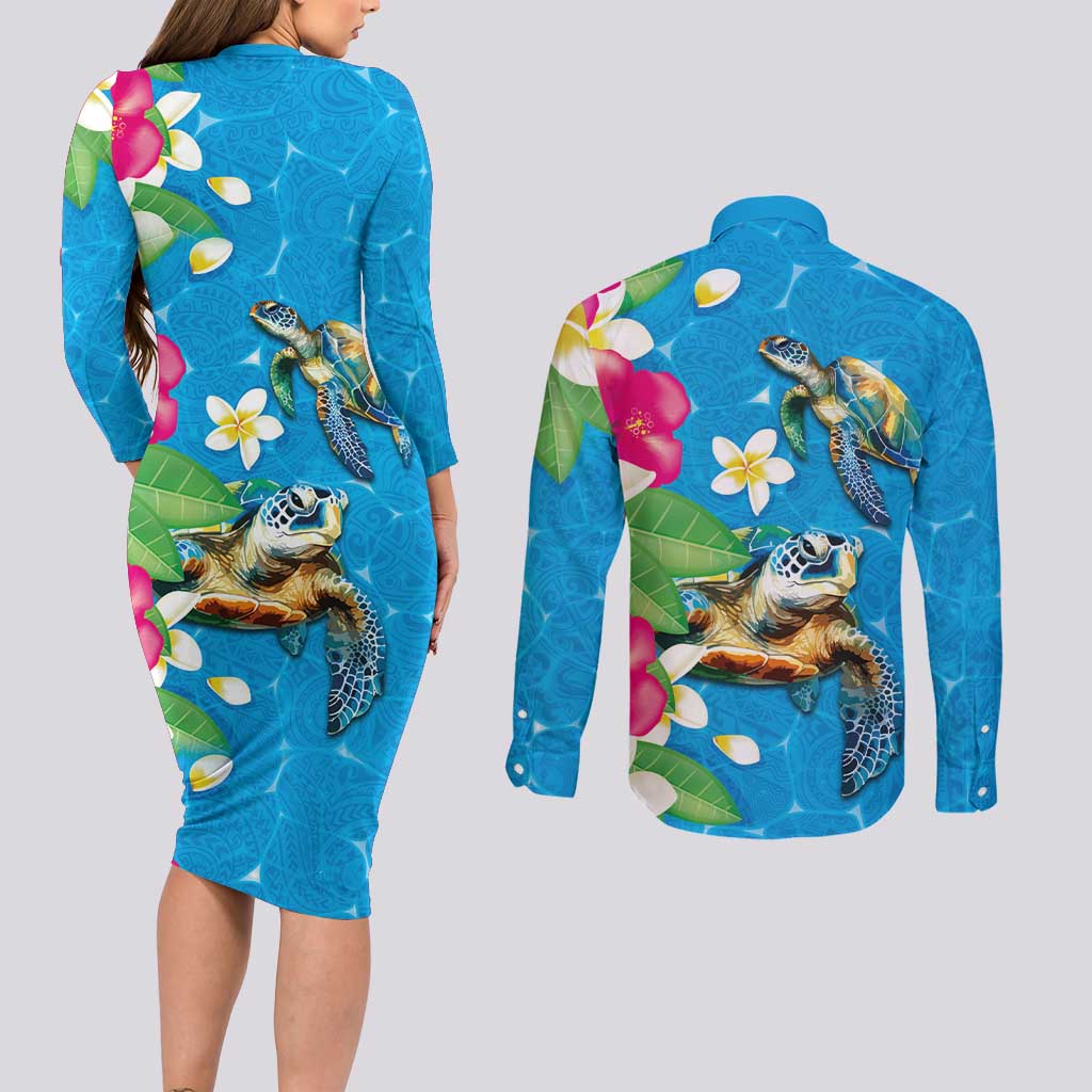 Hawaiian Tropical Flower and Honu Under Blue Water Couples Matching Long Sleeve Bodycon Dress and Long Sleeve Button Shirt LT03 - Polynesian Pride