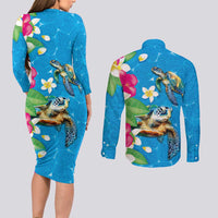 Hawaiian Tropical Flower and Honu Under Blue Water Couples Matching Long Sleeve Bodycon Dress and Long Sleeve Button Shirt LT03 - Polynesian Pride