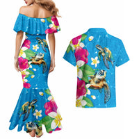 Hawaiian Tropical Flower and Honu Under Blue Water Couples Matching Mermaid Dress and Hawaiian Shirt LT03 - Polynesian Pride