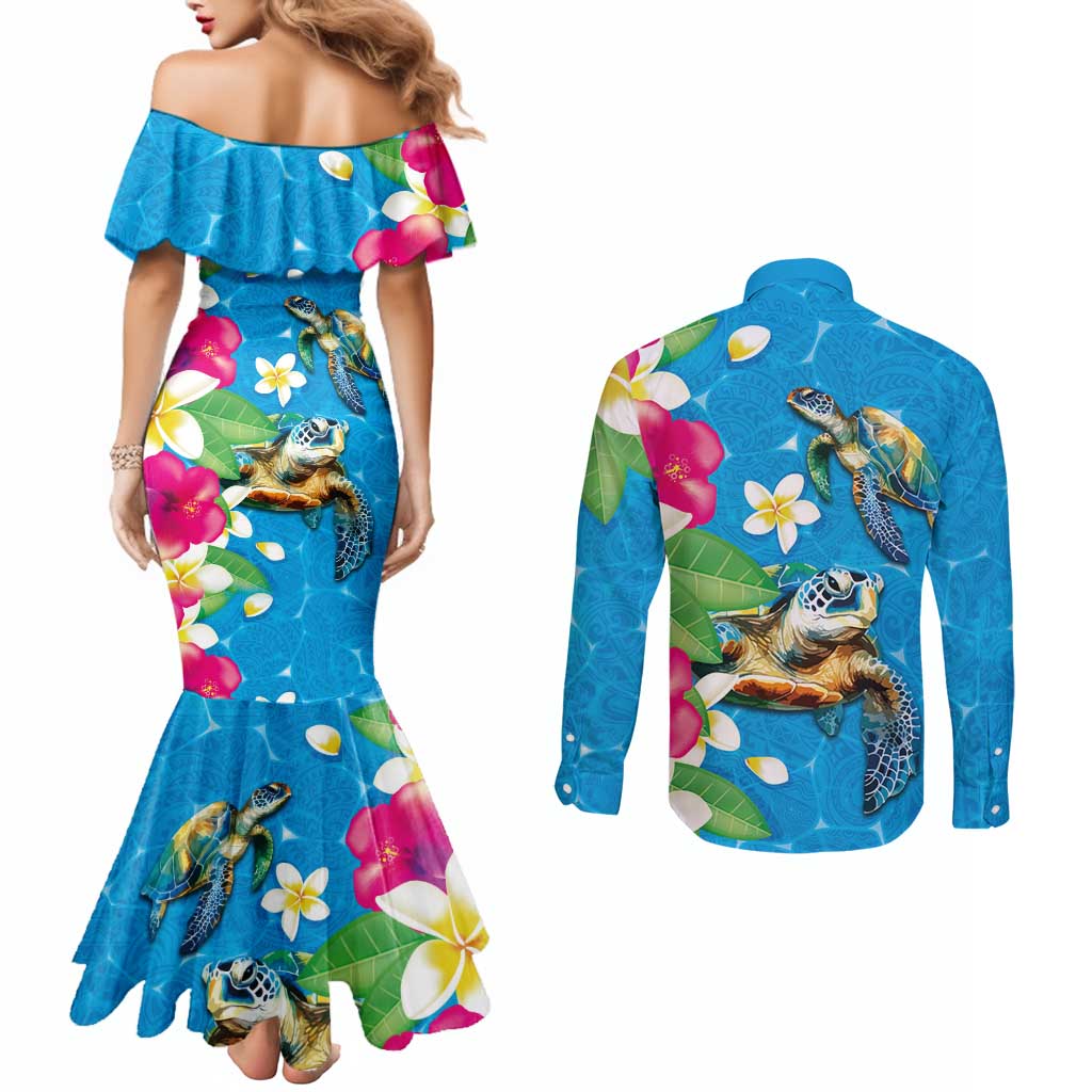 Hawaiian Tropical Flower and Honu Under Blue Water Couples Matching Mermaid Dress and Long Sleeve Button Shirt LT03 - Polynesian Pride