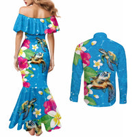 Hawaiian Tropical Flower and Honu Under Blue Water Couples Matching Mermaid Dress and Long Sleeve Button Shirt LT03 - Polynesian Pride
