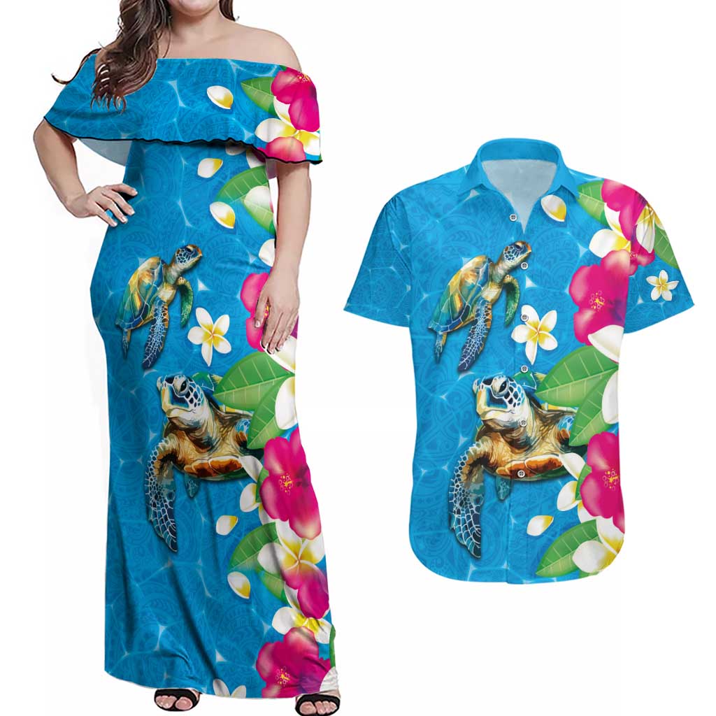 Hawaiian Tropical Flower and Honu Under Blue Water Couples Matching Off Shoulder Maxi Dress and Hawaiian Shirt LT03 Blue - Polynesian Pride