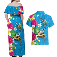 Hawaiian Tropical Flower and Honu Under Blue Water Couples Matching Off Shoulder Maxi Dress and Hawaiian Shirt LT03 - Polynesian Pride