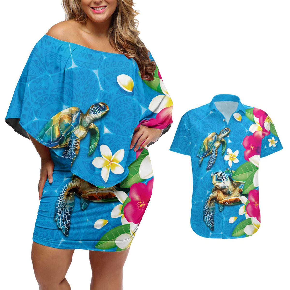 Hawaiian Tropical Flower and Honu Under Blue Water Couples Matching Off Shoulder Short Dress and Hawaiian Shirt LT03 Blue - Polynesian Pride