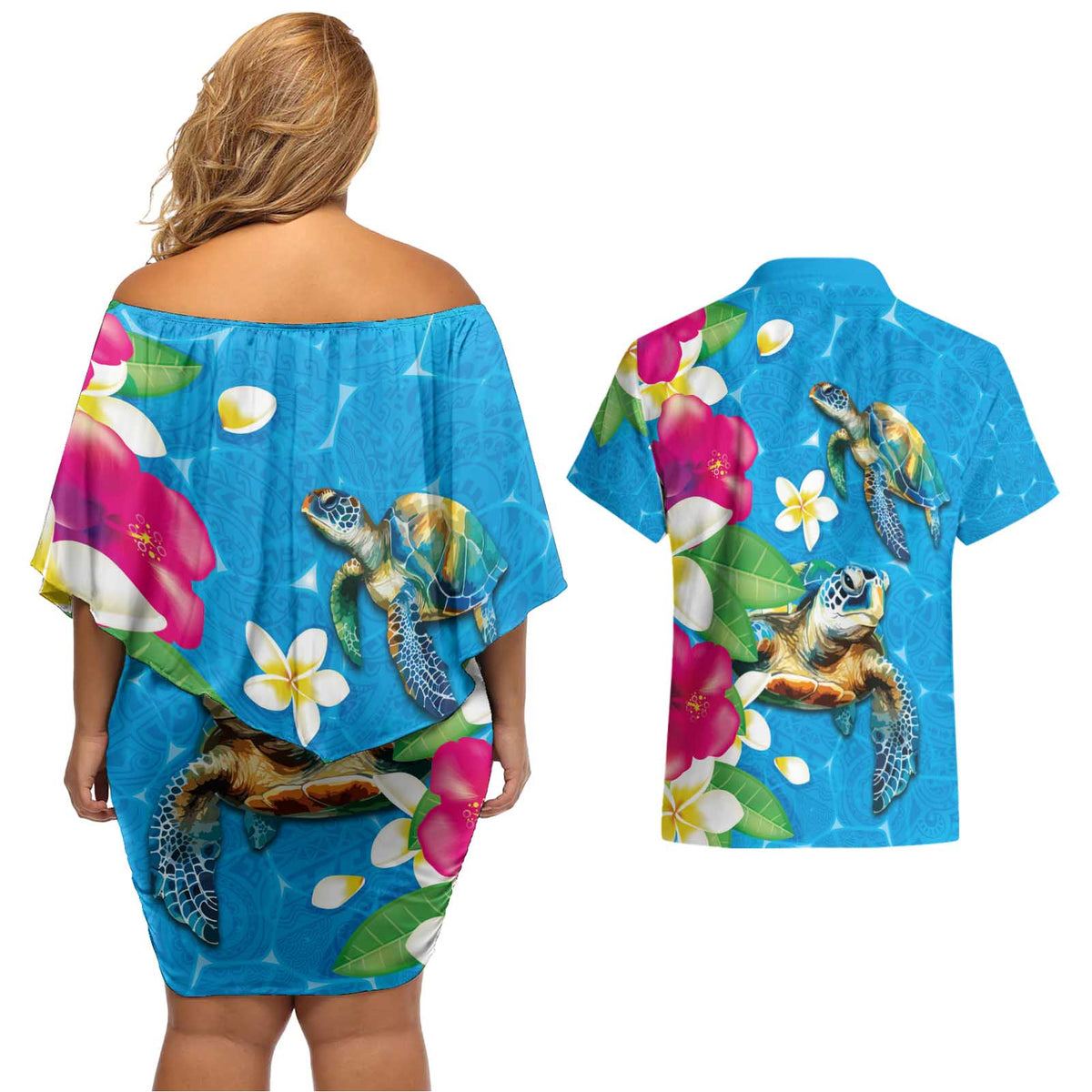 Hawaiian Tropical Flower and Honu Under Blue Water Couples Matching Off Shoulder Short Dress and Hawaiian Shirt LT03 - Polynesian Pride