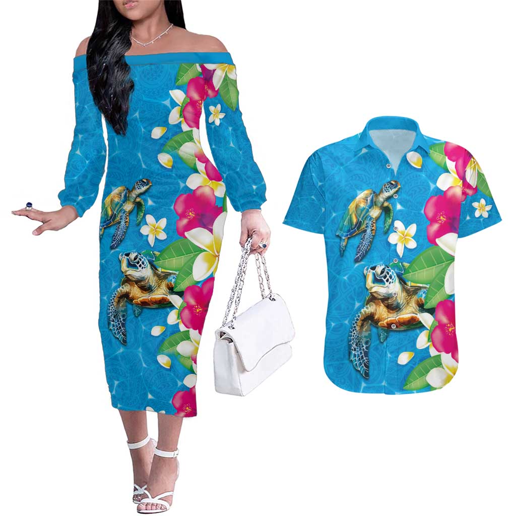 Hawaiian Tropical Flower and Honu Under Blue Water Couples Matching Off The Shoulder Long Sleeve Dress and Hawaiian Shirt LT03 Blue - Polynesian Pride