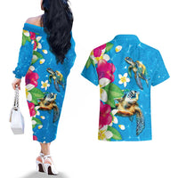 Hawaiian Tropical Flower and Honu Under Blue Water Couples Matching Off The Shoulder Long Sleeve Dress and Hawaiian Shirt LT03 - Polynesian Pride