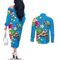 Hawaiian Tropical Flower and Honu Under Blue Water Couples Matching Off The Shoulder Long Sleeve Dress and Long Sleeve Button Shirt LT03 - Polynesian Pride