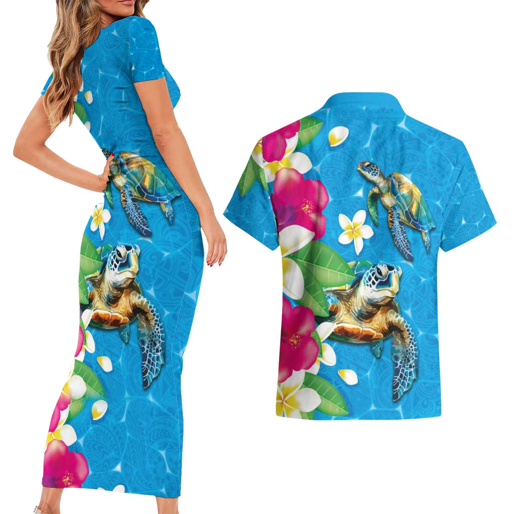 Hawaiian Tropical Flower and Honu Under Blue Water Couples Matching Short Sleeve Bodycon Dress and Hawaiian Shirt LT03 - Polynesian Pride