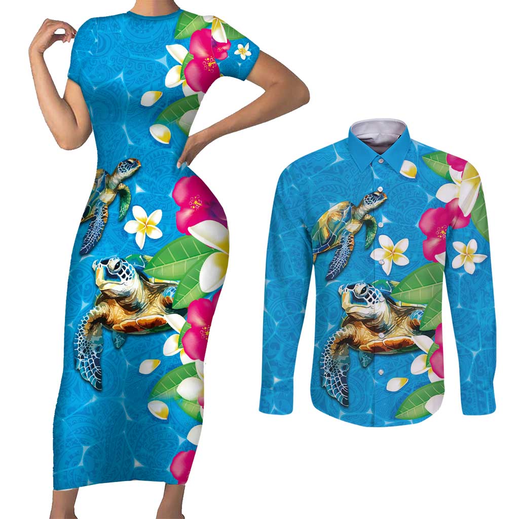 Hawaiian Tropical Flower and Honu Under Blue Water Couples Matching Short Sleeve Bodycon Dress and Long Sleeve Button Shirt LT03 Blue - Polynesian Pride