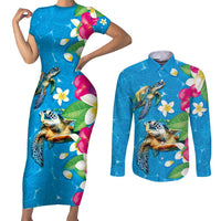 Hawaiian Tropical Flower and Honu Under Blue Water Couples Matching Short Sleeve Bodycon Dress and Long Sleeve Button Shirt LT03 Blue - Polynesian Pride