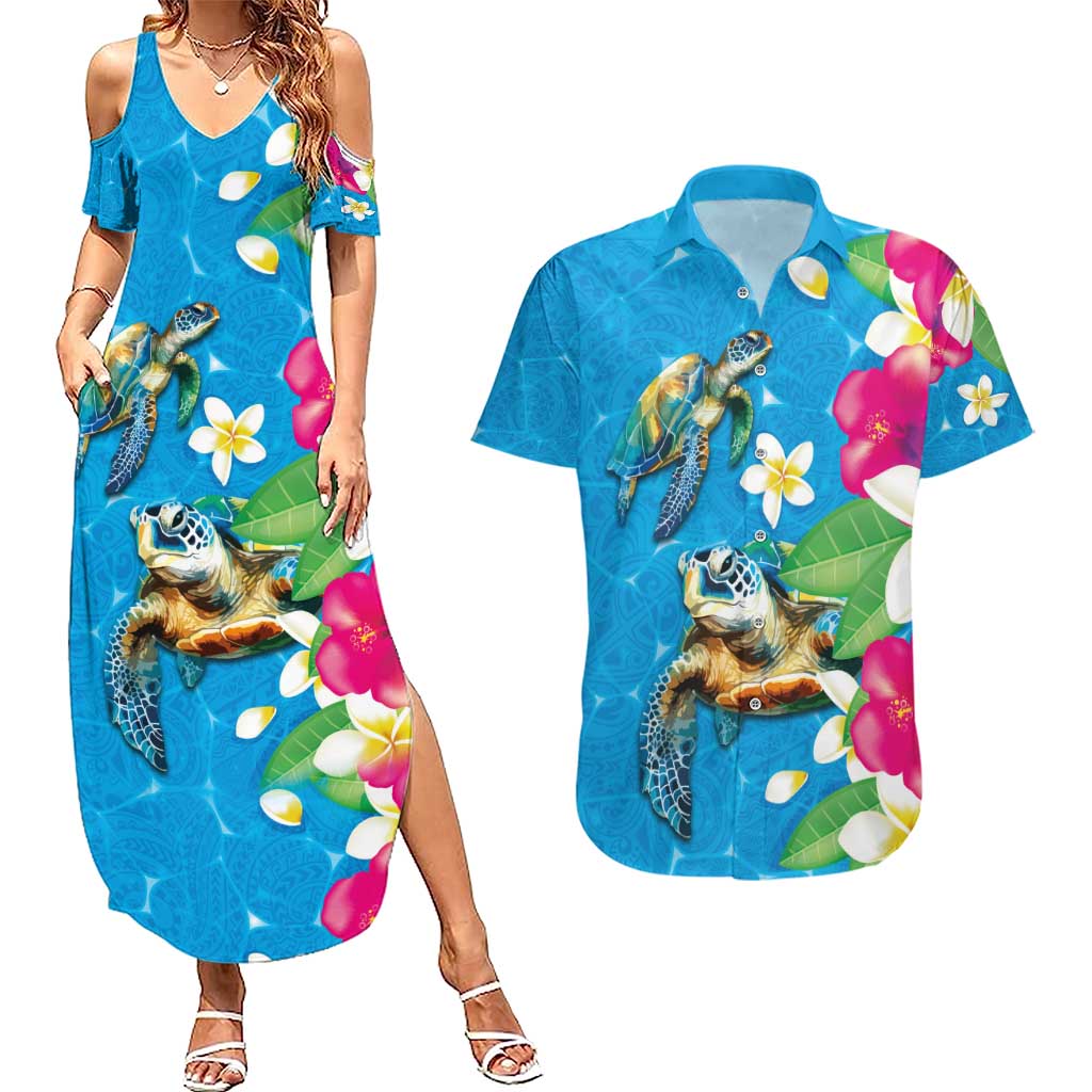 Hawaiian Tropical Flower and Honu Under Blue Water Couples Matching Summer Maxi Dress and Hawaiian Shirt LT03 Blue - Polynesian Pride