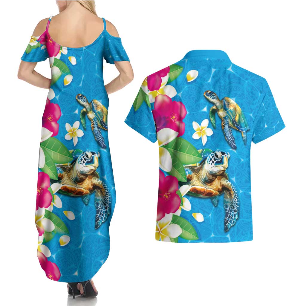 Hawaiian Tropical Flower and Honu Under Blue Water Couples Matching Summer Maxi Dress and Hawaiian Shirt LT03 - Polynesian Pride