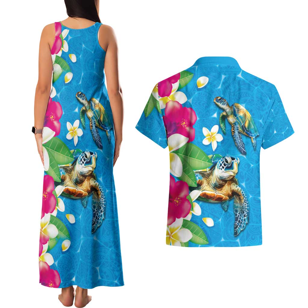 Hawaiian Tropical Flower and Honu Under Blue Water Couples Matching Tank Maxi Dress and Hawaiian Shirt LT03 - Polynesian Pride