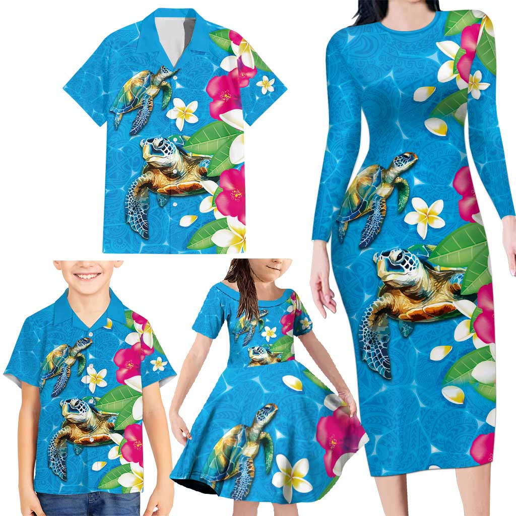 Hawaiian Tropical Flower and Honu Under Blue Water Family Matching Long Sleeve Bodycon Dress and Hawaiian Shirt LT03 - Polynesian Pride