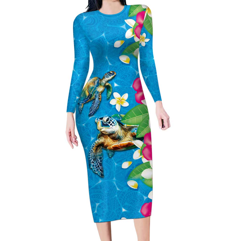 Hawaiian Tropical Flower and Honu Under Blue Water Family Matching Long Sleeve Bodycon Dress and Hawaiian Shirt LT03 Mom's Dress Blue - Polynesian Pride