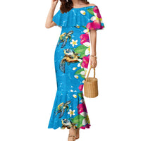 Hawaiian Tropical Flower and Honu Under Blue Water Family Matching Mermaid Dress and Hawaiian Shirt LT03 Mom's Dress Blue - Polynesian Pride
