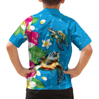 Hawaiian Tropical Flower and Honu Under Blue Water Family Matching Off The Shoulder Long Sleeve Dress and Hawaiian Shirt LT03 - Polynesian Pride