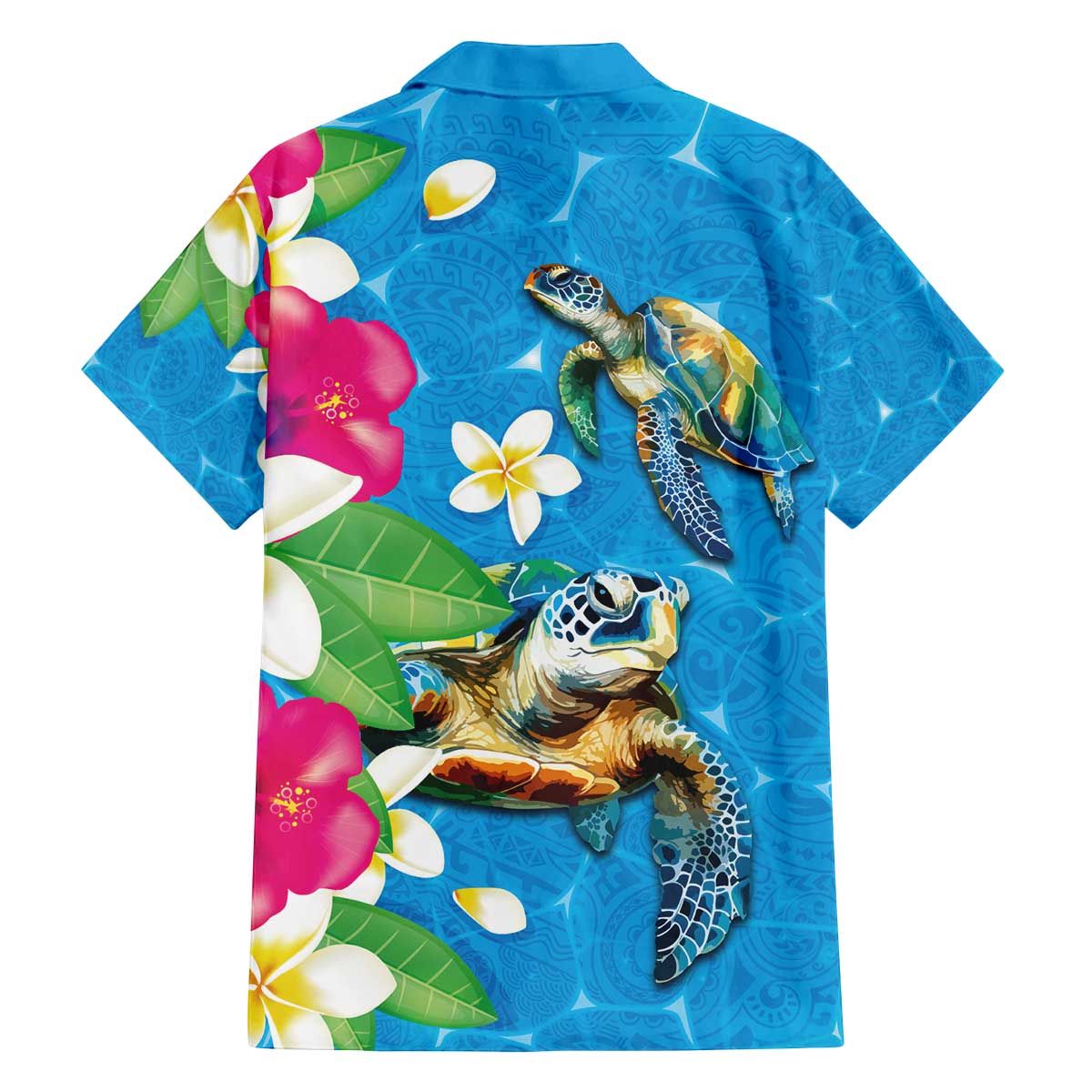 Hawaiian Tropical Flower and Honu Under Blue Water Family Matching Off The Shoulder Long Sleeve Dress and Hawaiian Shirt LT03 - Polynesian Pride