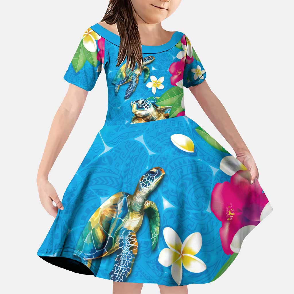 Hawaiian Tropical Flower and Honu Under Blue Water Family Matching Off Shoulder Maxi Dress and Hawaiian Shirt LT03 Daughter's Dress Blue - Polynesian Pride