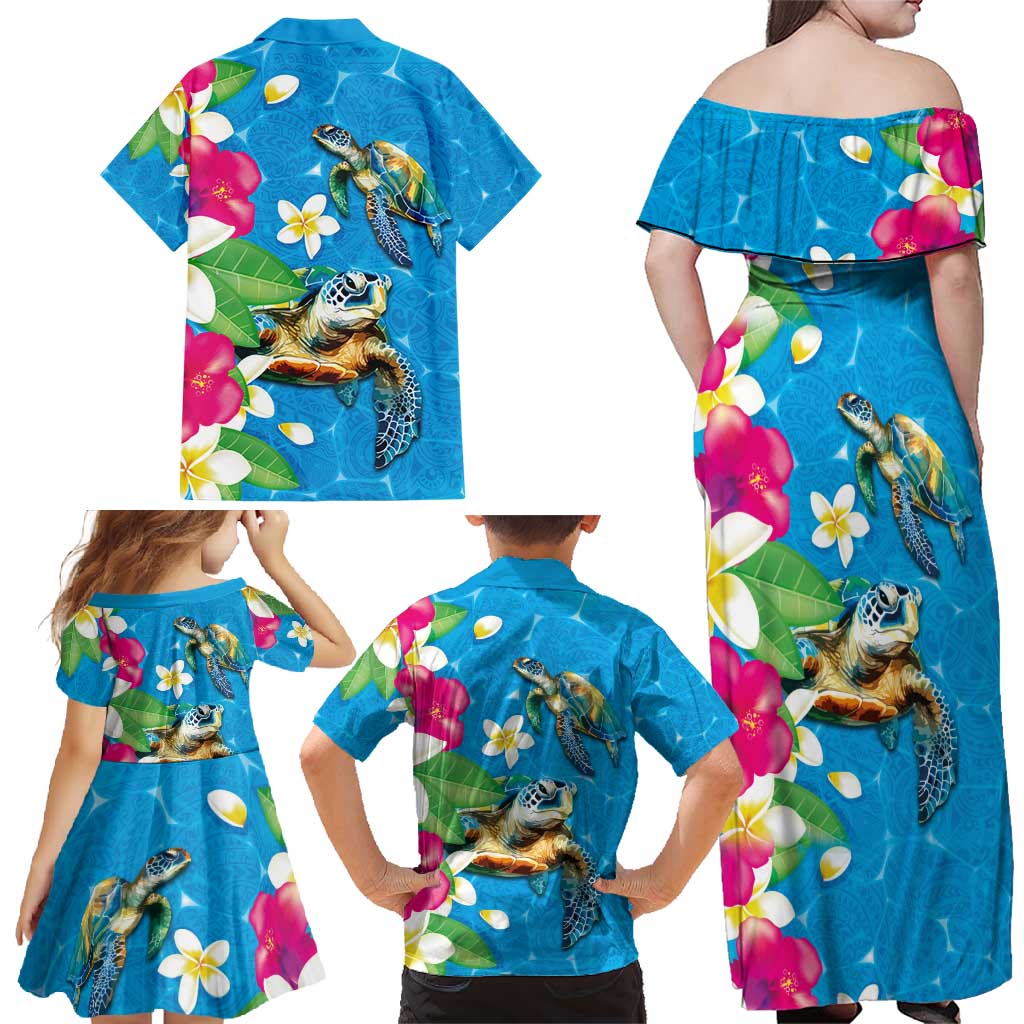 Hawaiian Tropical Flower and Honu Under Blue Water Family Matching Off Shoulder Maxi Dress and Hawaiian Shirt LT03 - Polynesian Pride