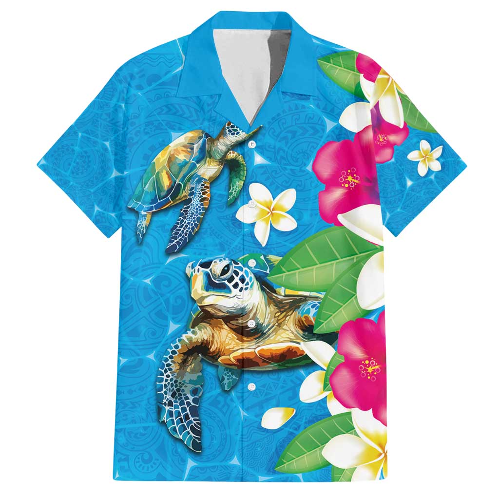 Hawaiian Tropical Flower and Honu Under Blue Water Family Matching Off Shoulder Maxi Dress and Hawaiian Shirt LT03 Dad's Shirt - Short Sleeve Blue - Polynesian Pride