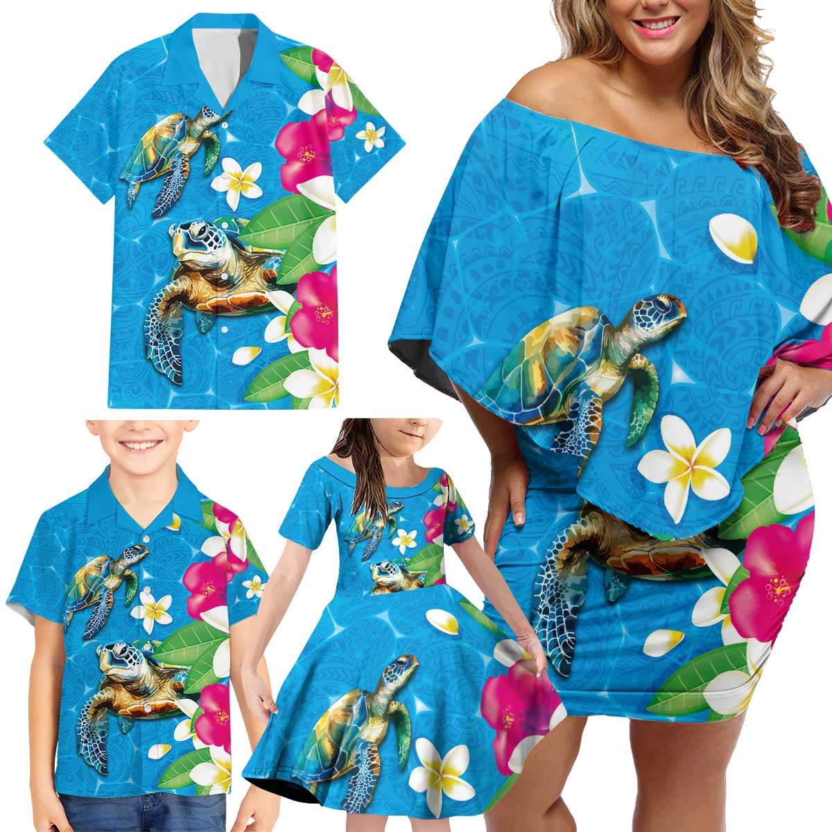 Hawaiian Tropical Flower and Honu Under Blue Water Family Matching Off Shoulder Short Dress and Hawaiian Shirt LT03 - Polynesian Pride
