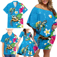Hawaiian Tropical Flower and Honu Under Blue Water Family Matching Off Shoulder Short Dress and Hawaiian Shirt LT03 - Polynesian Pride