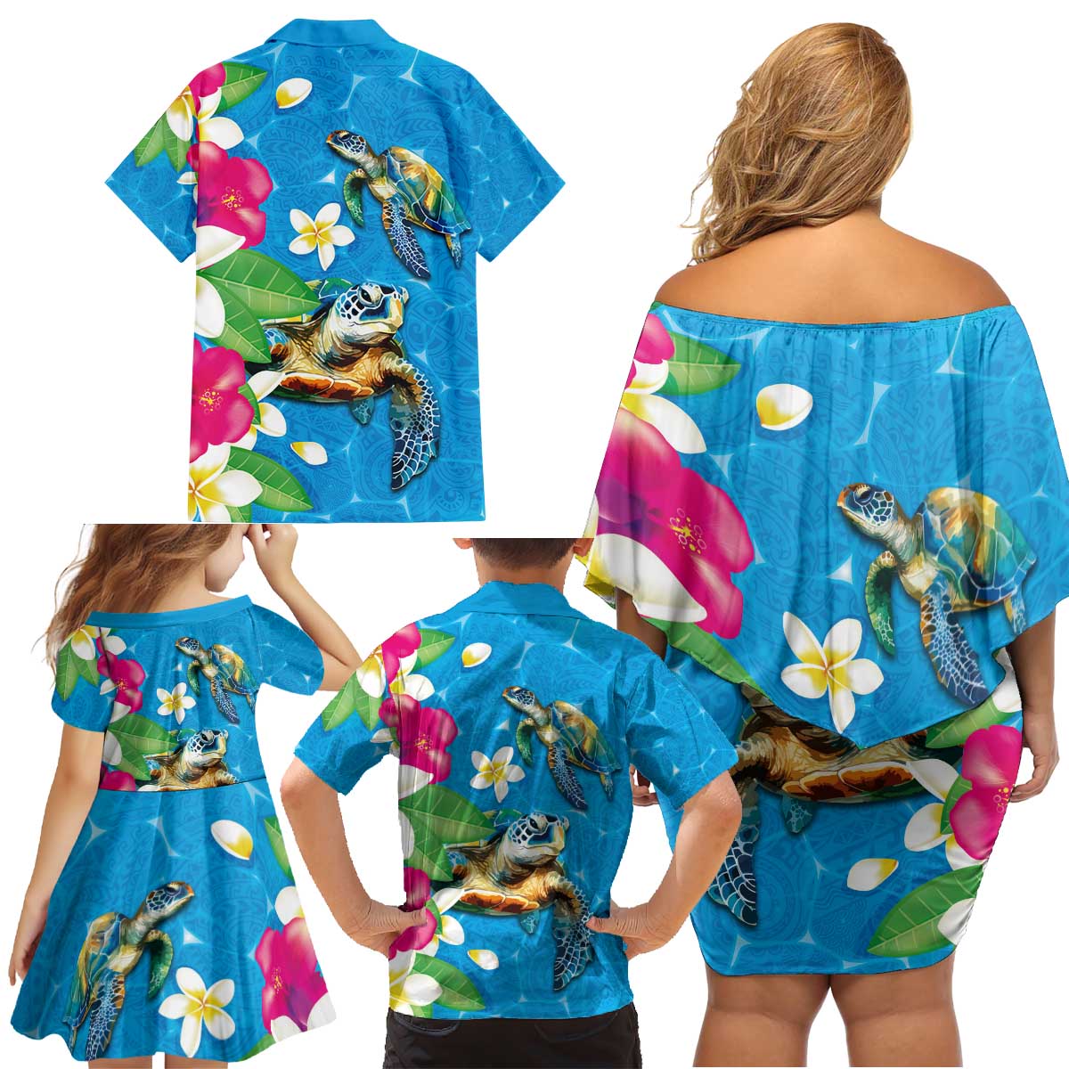 Hawaiian Tropical Flower and Honu Under Blue Water Family Matching Off Shoulder Short Dress and Hawaiian Shirt LT03 - Polynesian Pride