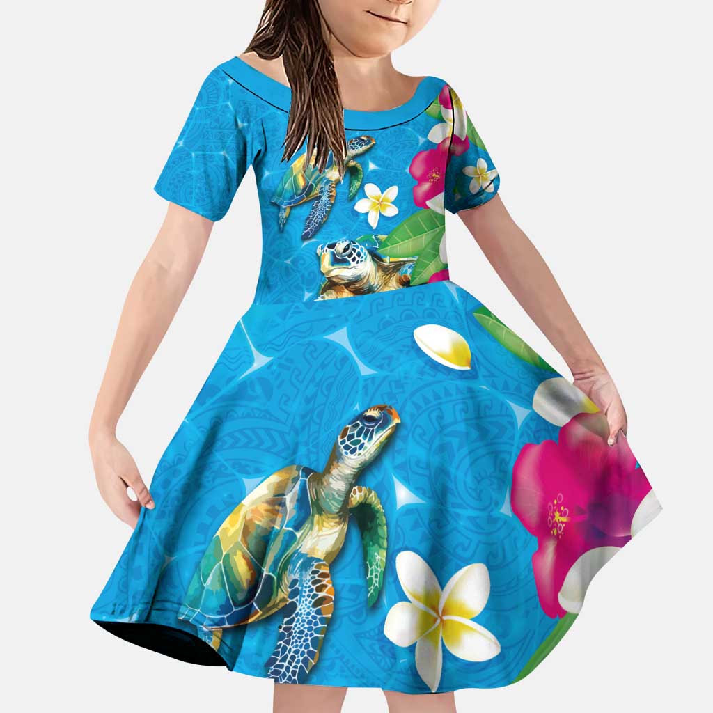 Hawaiian Tropical Flower and Honu Under Blue Water Family Matching Puletasi and Hawaiian Shirt LT03 Daughter's Dress Blue - Polynesian Pride
